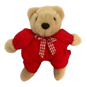 Hallmark Teddy Bear Beige with Red Nylon Parachute Fabric Bow 12" Vintage